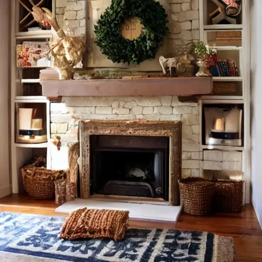 Cosy fireplace nook, Newcastle upon Tyne Stone fireplace with a wooden mantel, built-in shelves and wicker baskets