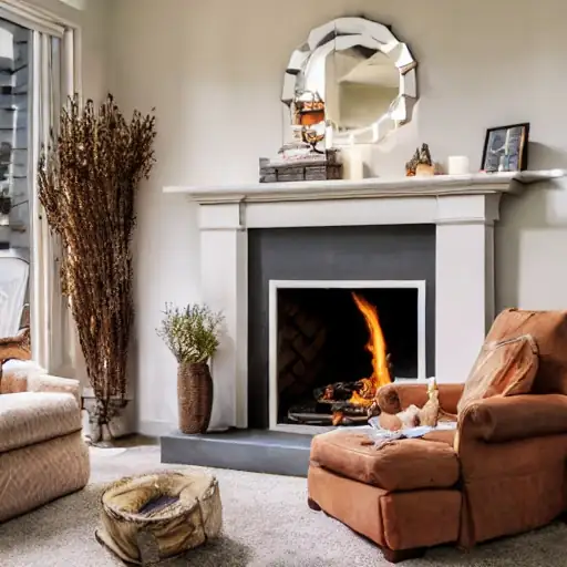 Crackling fireplace, Newcastle Fire burning in a white fireplace surround beside an armchair and dried flowers