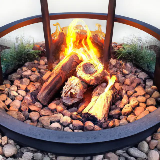 Garden fire pit, Newcastle Garden fire pit with burning logs surrounded by stones and plants