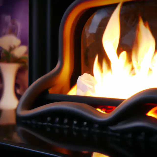 High efficiency gas fire with tall flames behind glass in a black frame