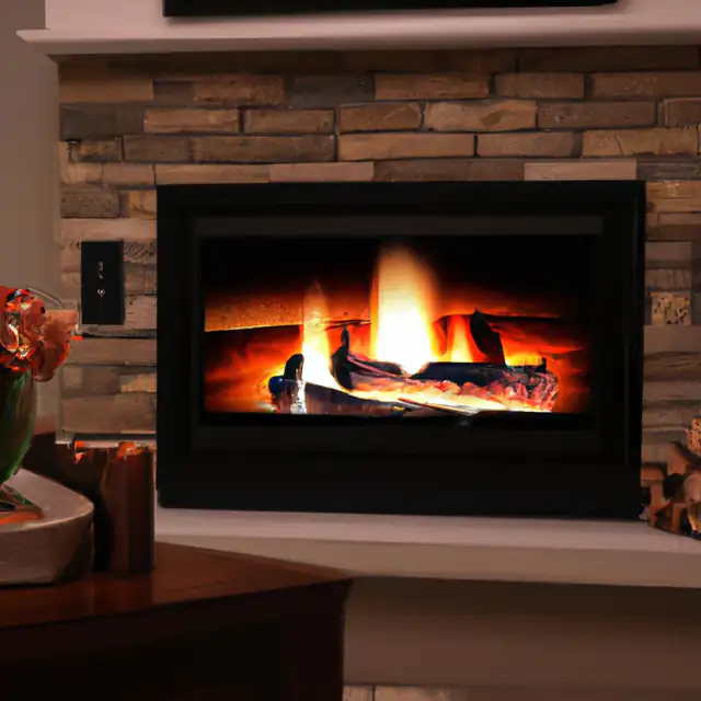 Log fire in a black inset fireplace within a stone feature wall
