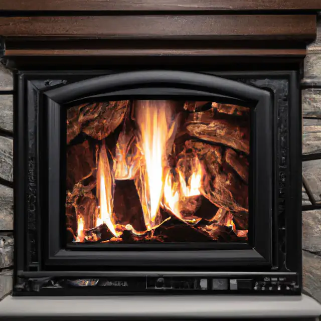 Inset fireplace in a stone wall, Newcastle Log fire in a black arched inset fireplace set into a stone wall