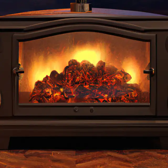 Log burning stove for a summer house, Newcastle Glowing coals inside a log burning stove with a brown enamel finish