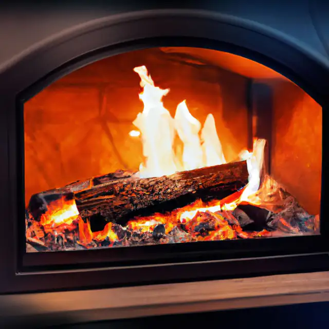 Opened up wood fireplace, Newcastle Wood fire with burning logs in an arched firebox
