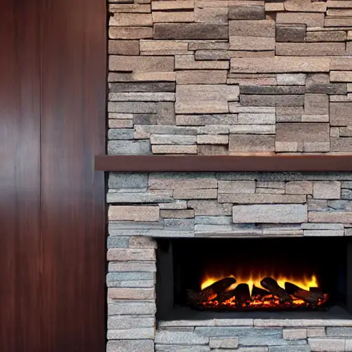 Stacked stone fireplace installation, Newcastle Stacked stone chimney breast with a log fire and timber mantel