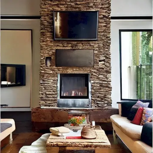 Unconventional fireplace idea, Newcastle Stacked stone chimney breast with a modern inset fire beneath a wall-mounted TV