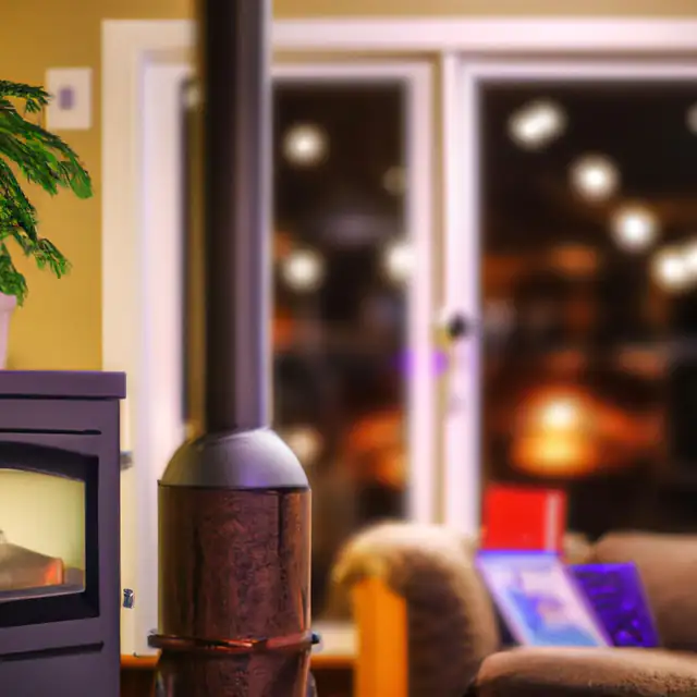 Wood burning stove with flue pipe, Newcastle Wood burning stove with a tall black flue pipe in a warmly lit room